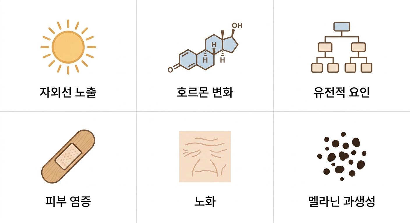 피부 색소침착의 다양한 원인과 발생 과정, 북가좌동색소침착한의원 | 자외선 노출 · 호르몬 변화 · 유전적 요인 · 피부 염증 · 노화 · 멜라닌 과생성