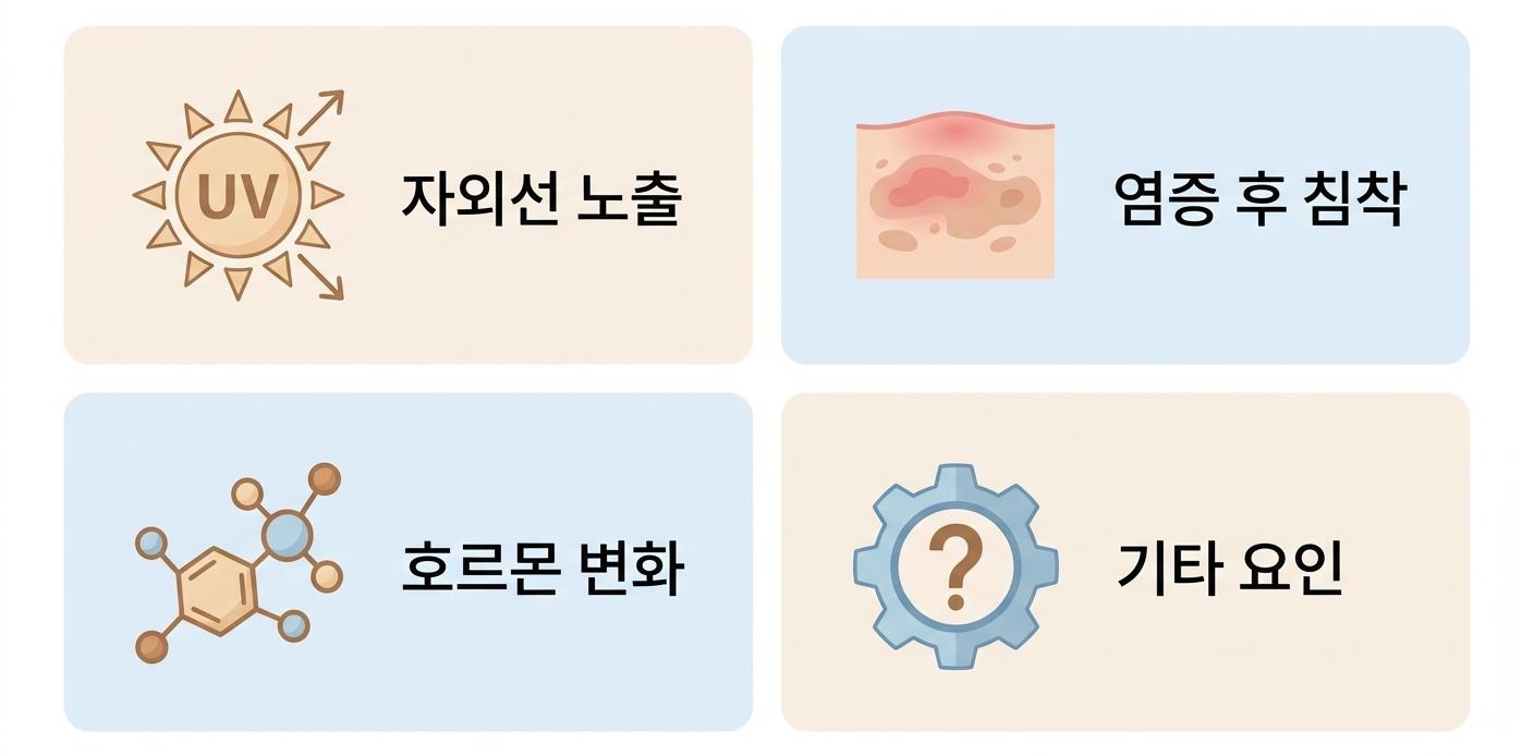 색소침착 발생의 주요 원인 분석 인포그래픽, 북가좌동색소침착치료한의원 | 자외선 노출 · 염증 후 침착 · 호르몬 변화 · 기타 요인