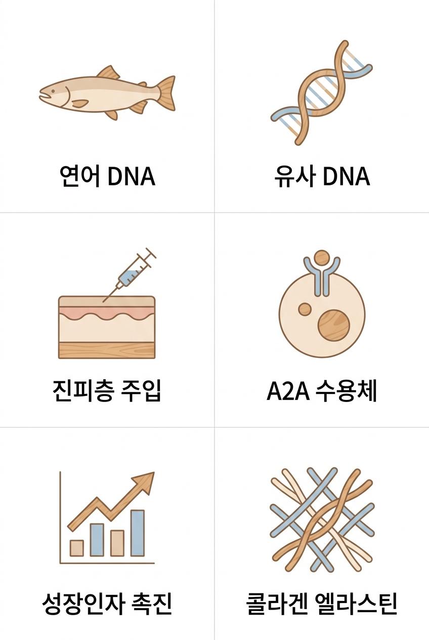 PDRN 스킨부스터의 핵심 원리: 연어 DNA 추출 및 세포 재생 메커니즘, 북가좌동피부재생클리닉 연어 DNA · 유사 DNA · 진피층 주입 · A2A 수용체 · 성장인자 촉진 · 콜라겐 엘라스틴