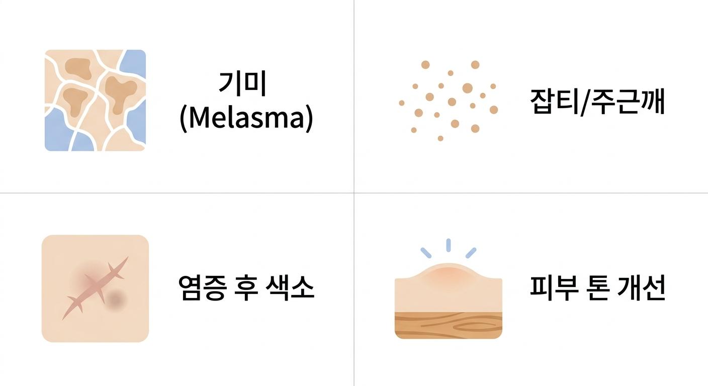 레이저토닝으로 개선 가능한 주요 피부 색소 문제, 남가좌동기미치료한의원 | 기미 (Melasma) · 잡티/주근깨 · 염증 후 색소 · 피부 톤 개선