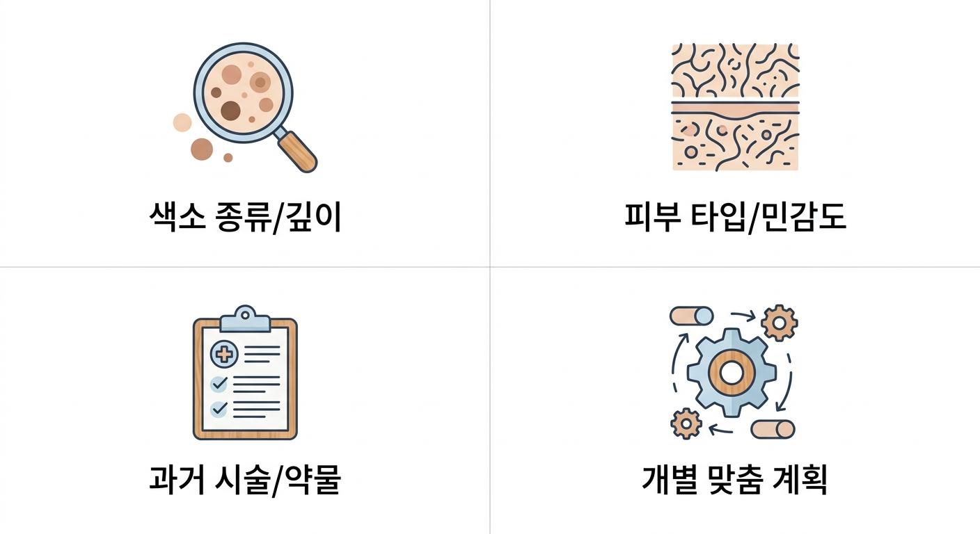 색소침착 레이저 치료 전 필수 진단 항목, 서대문구피부레이저시술한의원 | 색소 종류/깊이 · 피부 타입/민감도 · 과거 시술/약물 · 개별 맞춤 계획