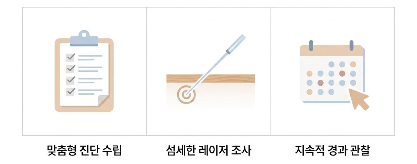 색소침착 레이저의 단계별 시술 과정과 전략, 가좌역잡티제거레이저한의원 | 맞춤형 진단 수립 · 섬세한 레이저 조사 · 지속적 경과 관찰