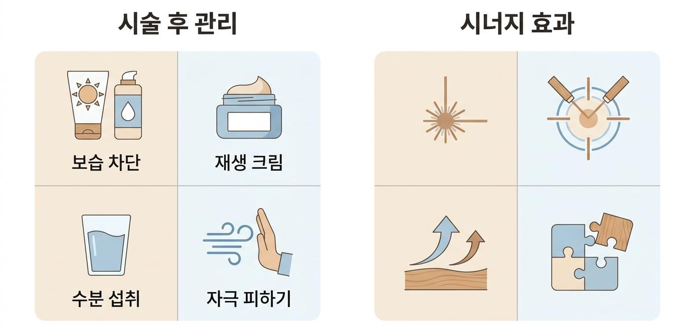 PDRN 스킨부스터 시술 후 관리와 시너지 효과를 위한 병행 시술, 가좌역콜라겐생성클리닉 보습 차단 · 재생 크림 · 수분 섭취 · 자극 피하기