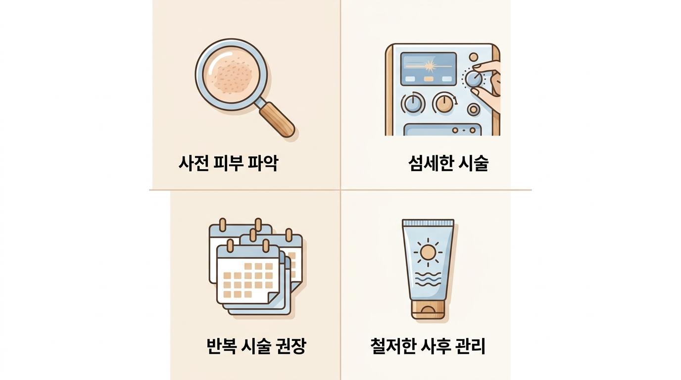 모공 레이저토닝 시술 고려사항, 가좌역피부결개선한의원 사전 피부 파악 · 섬세한 시술 · 반복 시술 권장 · 철저한 사후 관리
