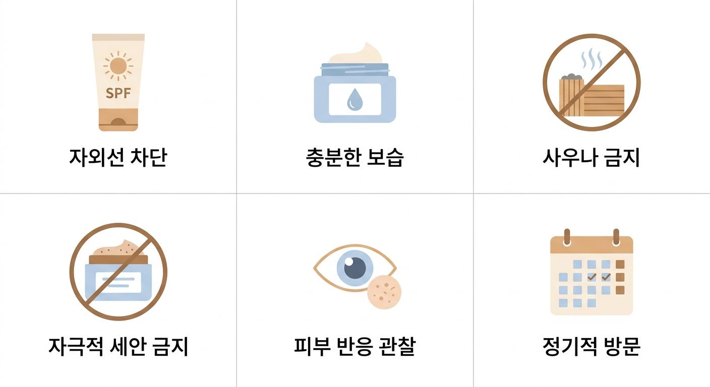 레이저토닝 후 피부 관리 및 주의사항, 북가좌동기미치료한의원 | 자외선 차단 · 충분한 보습 · 사우나 금지 · 자극적 세안 금지 · 피부 반응 관찰 · 정기적 방문