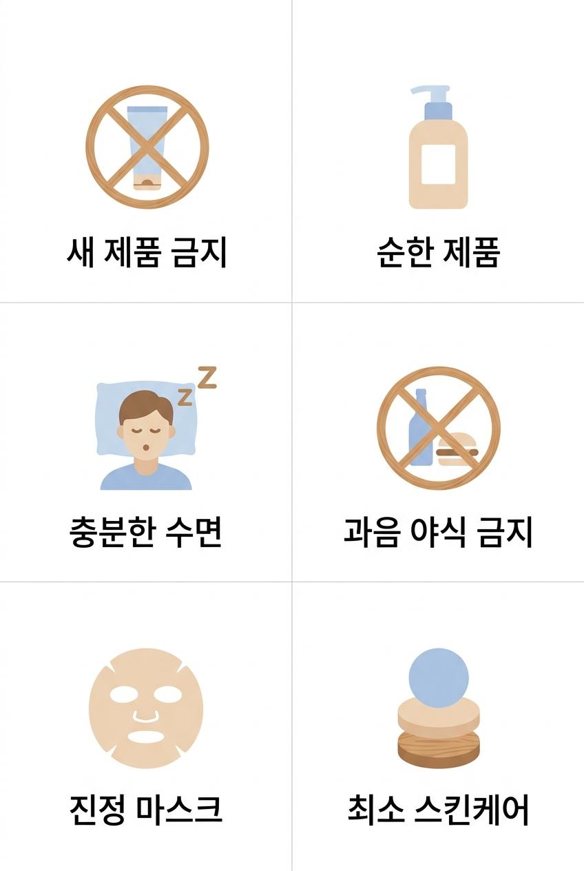 결혼식 당일 빛나는 피부를 위한 최종 점검, 수색동결혼식피부점검한의원 새 제품 금지 · 순한 제품 · 충분한 수면 · 과음 야식 금지 · 진정 마스크 · 최소 스킨케어