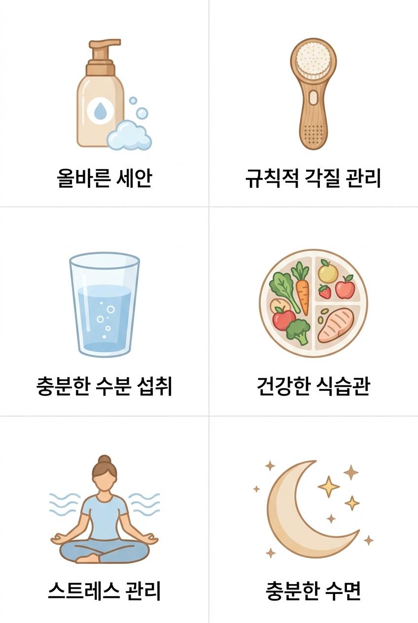 모공 관리에 필요한 생활 습관, 남가좌동모공관리한의원 올바른 세안 · 규칙적 각질 관리 · 충분한 수분 섭취 · 건강한 식습관 · 스트레스 관리 · 충분한 수면