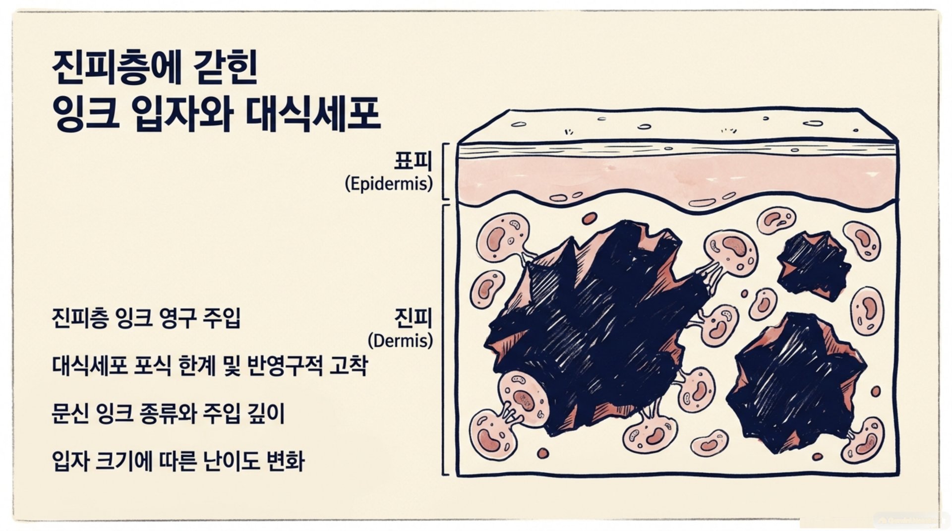 북가좌동 한의원 진피층에 갇힌 잉크 입자와 대식세포 안내 이미지