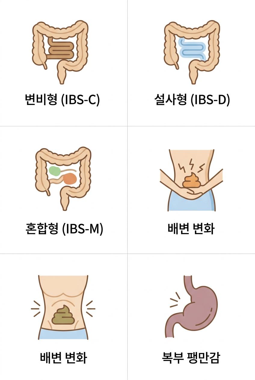 과민성 대장 증후군의 세 가지 주요 유형과 공통적인 특징, 북가좌동과민성대장증후군한의원 변비형 (IBS-C) · 설사형 (IBS-D) · 혼합형 (IBS-M) · 복통 · 배변 변화 · 복부 팽만감