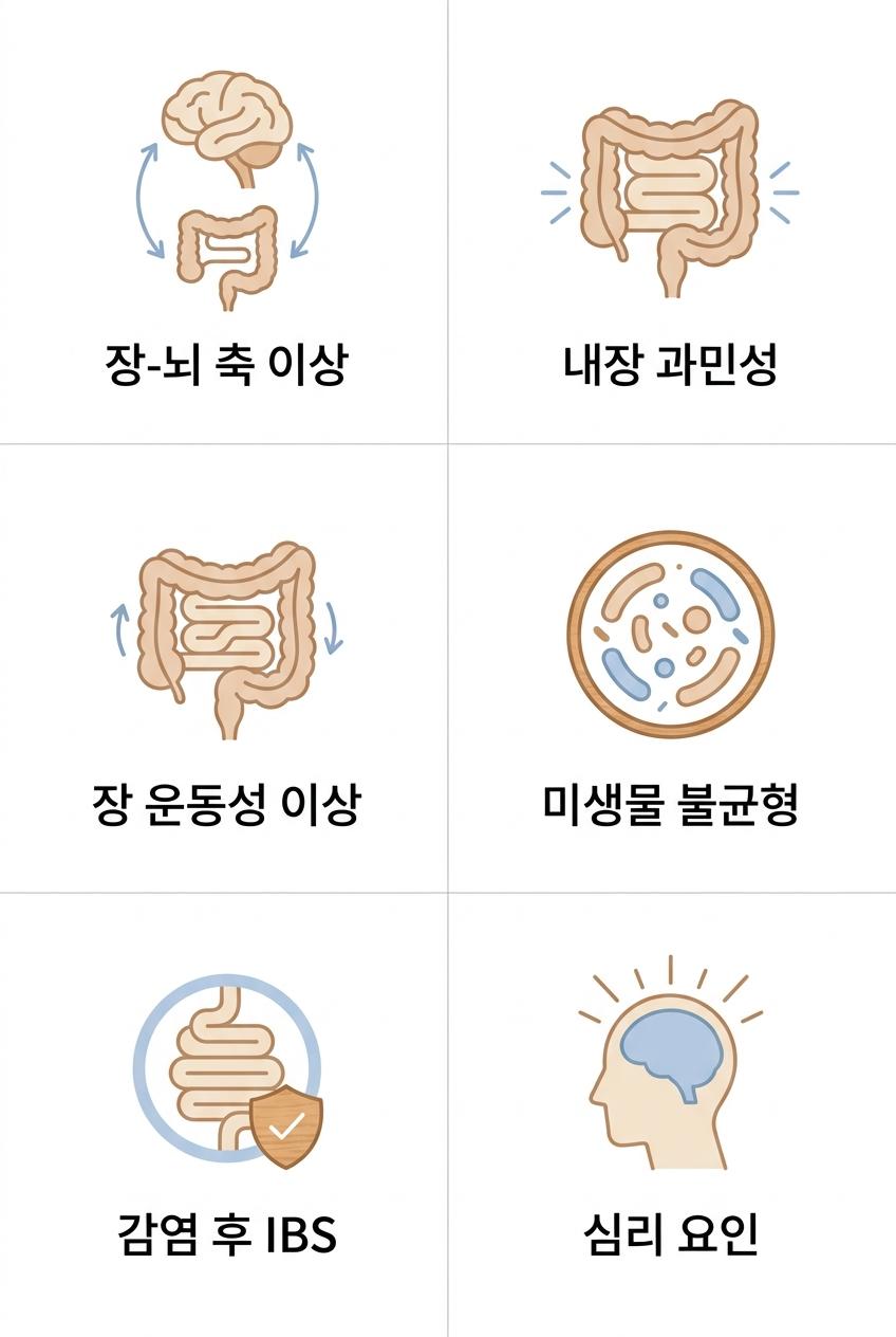 과민성 대장 증후군의 다양한 복합적 원인 분석, 남가좌동IBS관리한의원 장-뇌 축 이상 · 내장 과민성 · 장 운동성 이상 · 미생물 불균형 · 감염 후 IBS · 심리 요인
