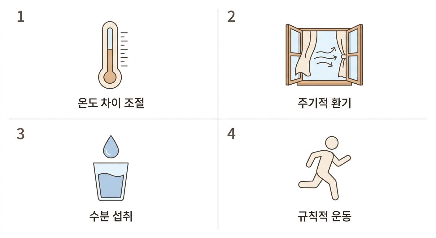 냉방병을 예방하기 위한 생활 습관 지침, 가좌역여름철 몸살한의원 온도 차이 조절 · 주기적 환기 · 수분 섭취 · 규칙적 운동