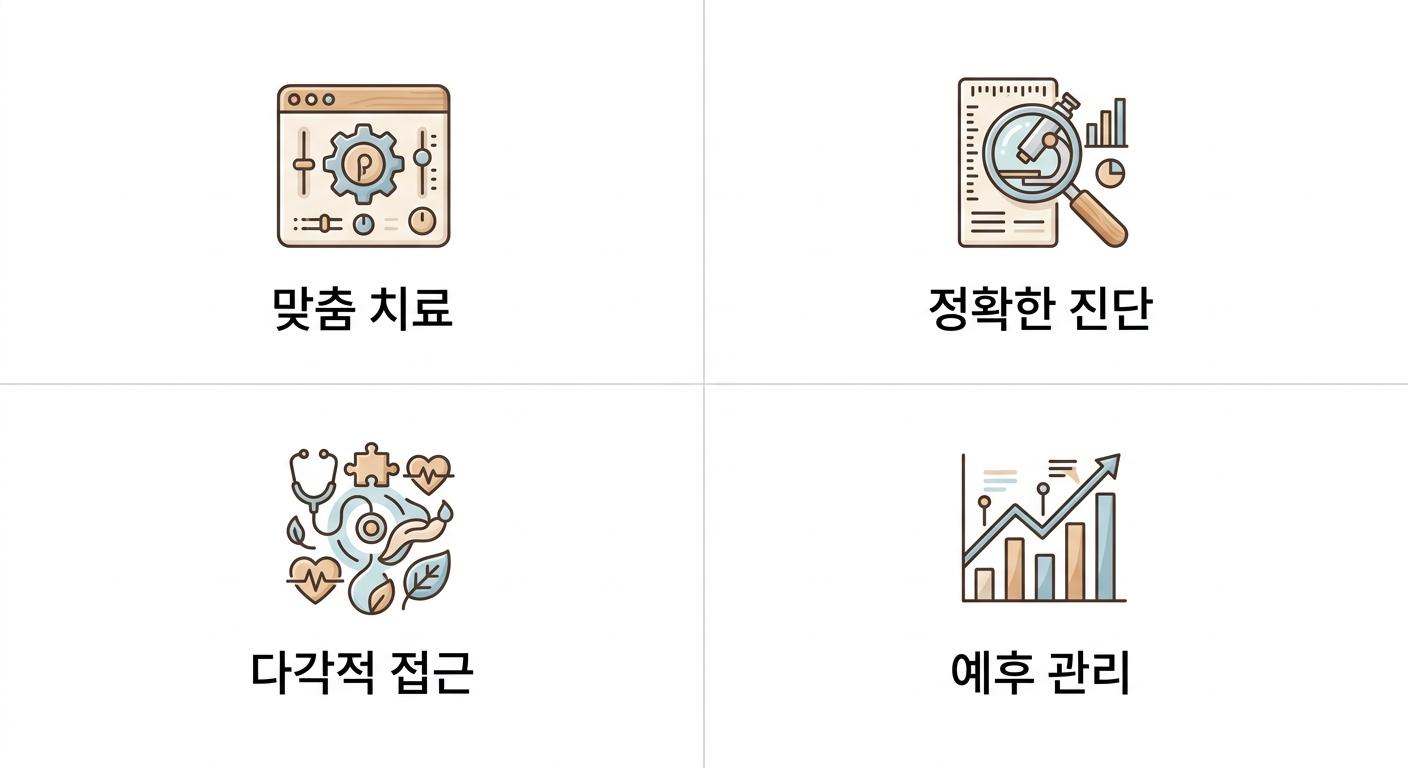 과민성 대장 증상 개별 맞춤 치료의 핵심과 예후 관리, 북가좌동변비설사한의원 맞춤 치료 · 정확한 진단 · 다각적 접근 · 예후 관리