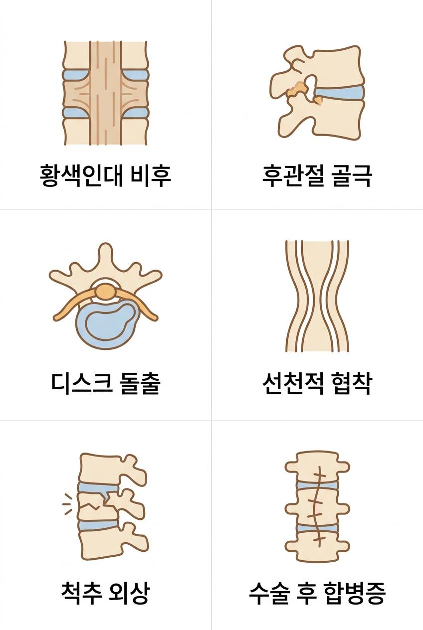 척추관협착증의 주요 원인들, 북가좌동척추관협착증한의원 | 황색인대 비후 · 후관절 골극 · 디스크 돌출 · 선천적 협착 · 척추 외상 · 수술 후 합병증