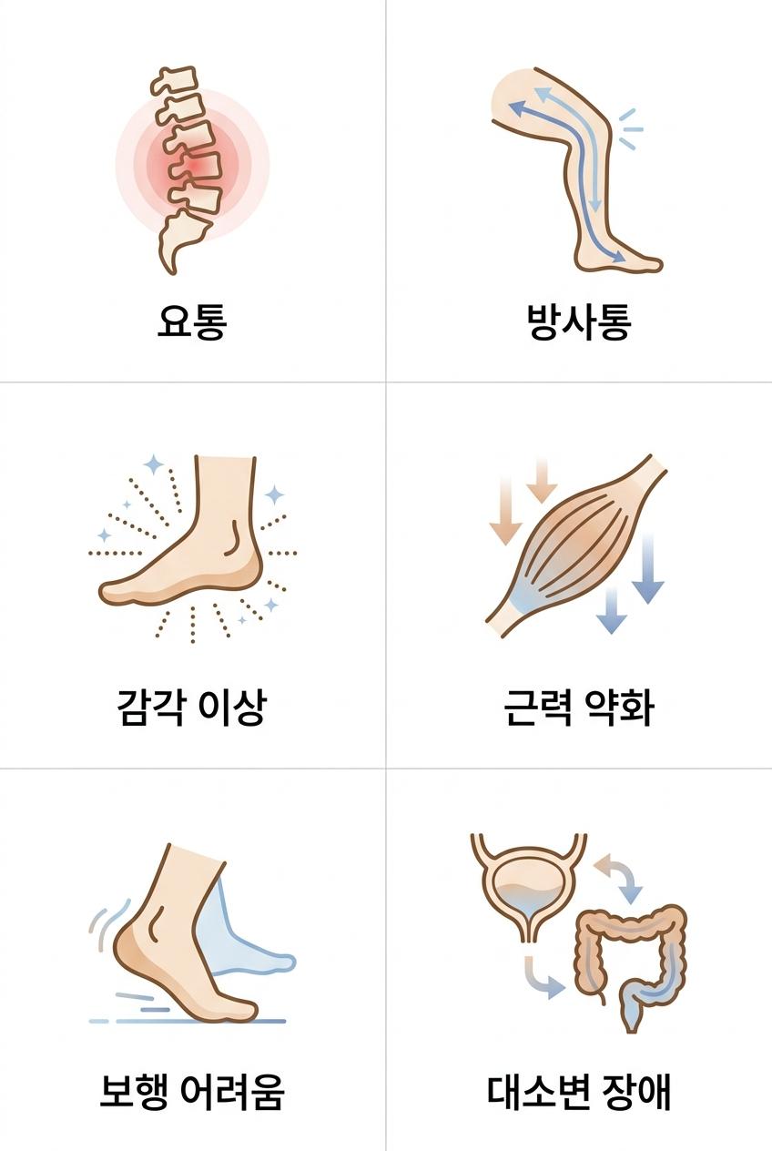 허리디스크의 복합적인 주요 증상, 북가좌동허리디스크한의원 | 요통 · 방사통 · 감각 이상 · 근력 약화 · 보행 어려움 · 대소변 장애