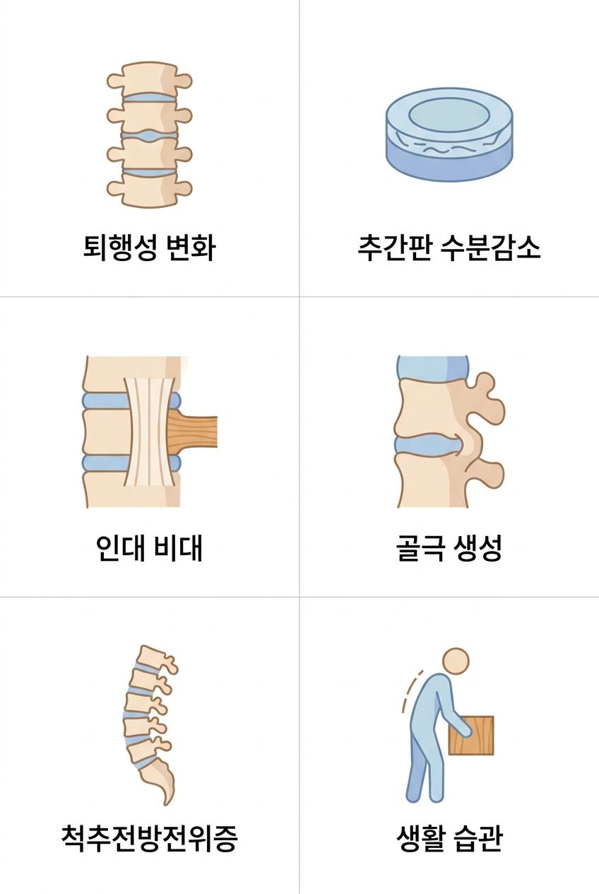척추관협착증의 주요 원인 6가지, 북가좌동척추관협착증한의원 | 퇴행성 변화 · 추간판 수분감소 · 인대 비대 · 골극 생성 · 척추전방전위증 · 생활 습관