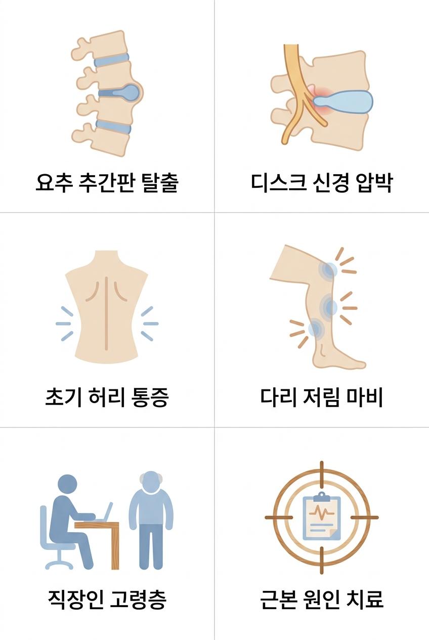 허리디스크의 정의, 발병 기전, 증상, 고위험군 및 치료 목표, 북가좌동요추한의원 요추 추간판 탈출 · 디스크 신경 압박 · 초기 허리 통증 · 다리 저림 마비 · 직장인 고령층 · 근본 원인 치료