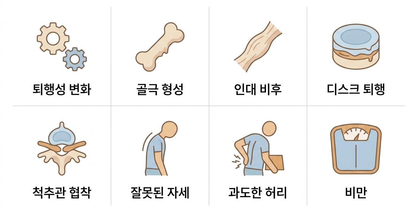 척추관협착증의 주요 발생 원인과 기전, 북가좌동척추관협착증한의원 퇴행성 변화 · 골극 형성 · 인대 비후 · 디스크 퇴행 · 척추관 협착 · 잘못된 자세 · 과도한 허리 · 비만