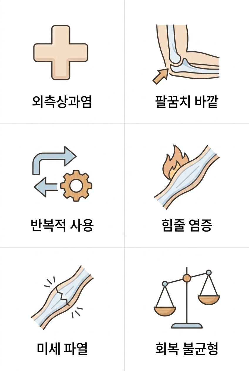 테니스엘보의 의학적 명칭, 발생 부위, 원인 및 병리적 변화 설명, 북가좌동외측상과염한의원 외측상과염 · 팔꿈치 바깥 · 반복적 사용 · 힘줄 염증 · 미세 파열 · 회복 불균형