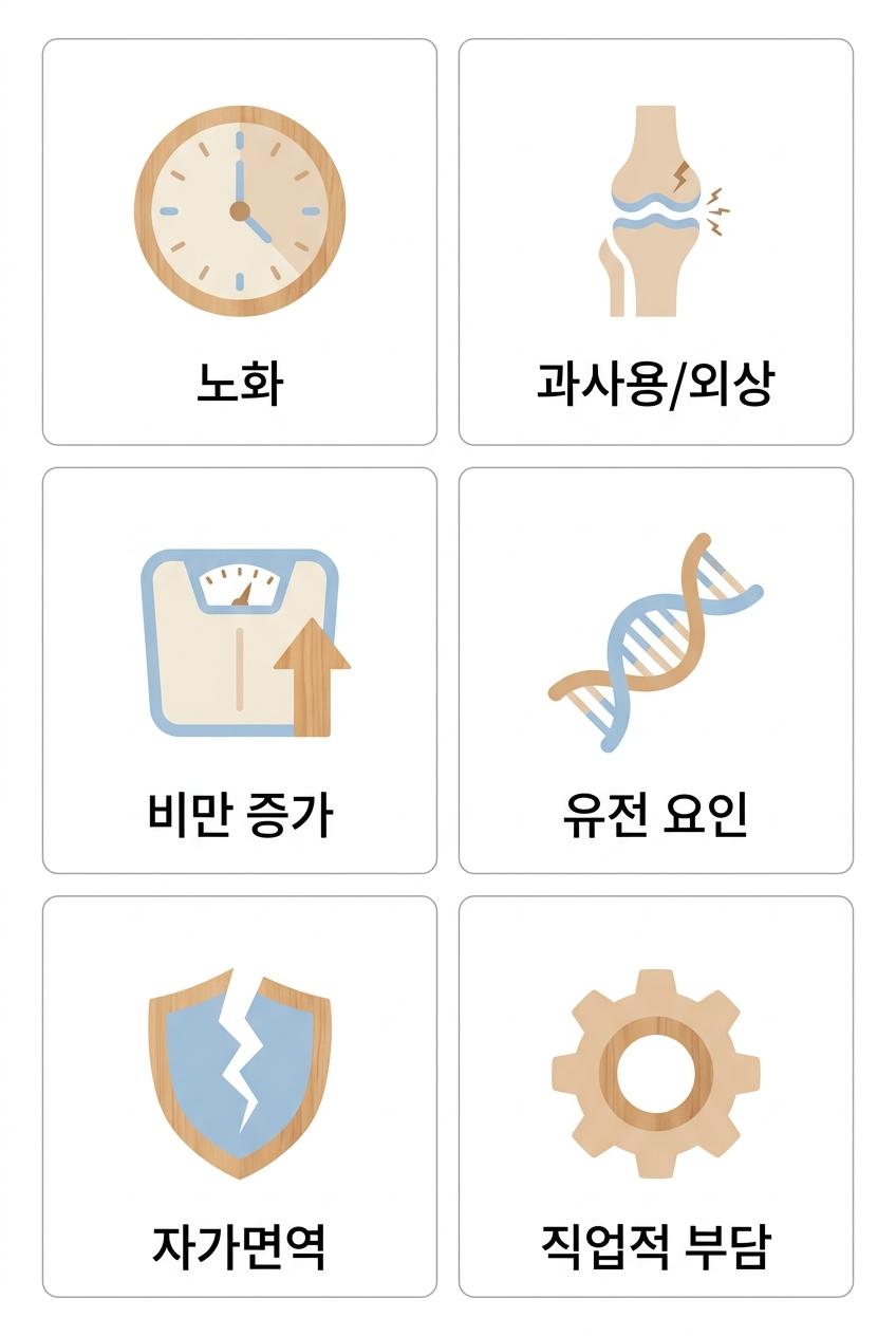 무릎관절염의 주요 발생 원인 6가지, 북가좌동관절염원인한의원 노화 · 과사용/외상 · 비만 증가 · 유전 요인 · 자가면역 · 직업적 부담