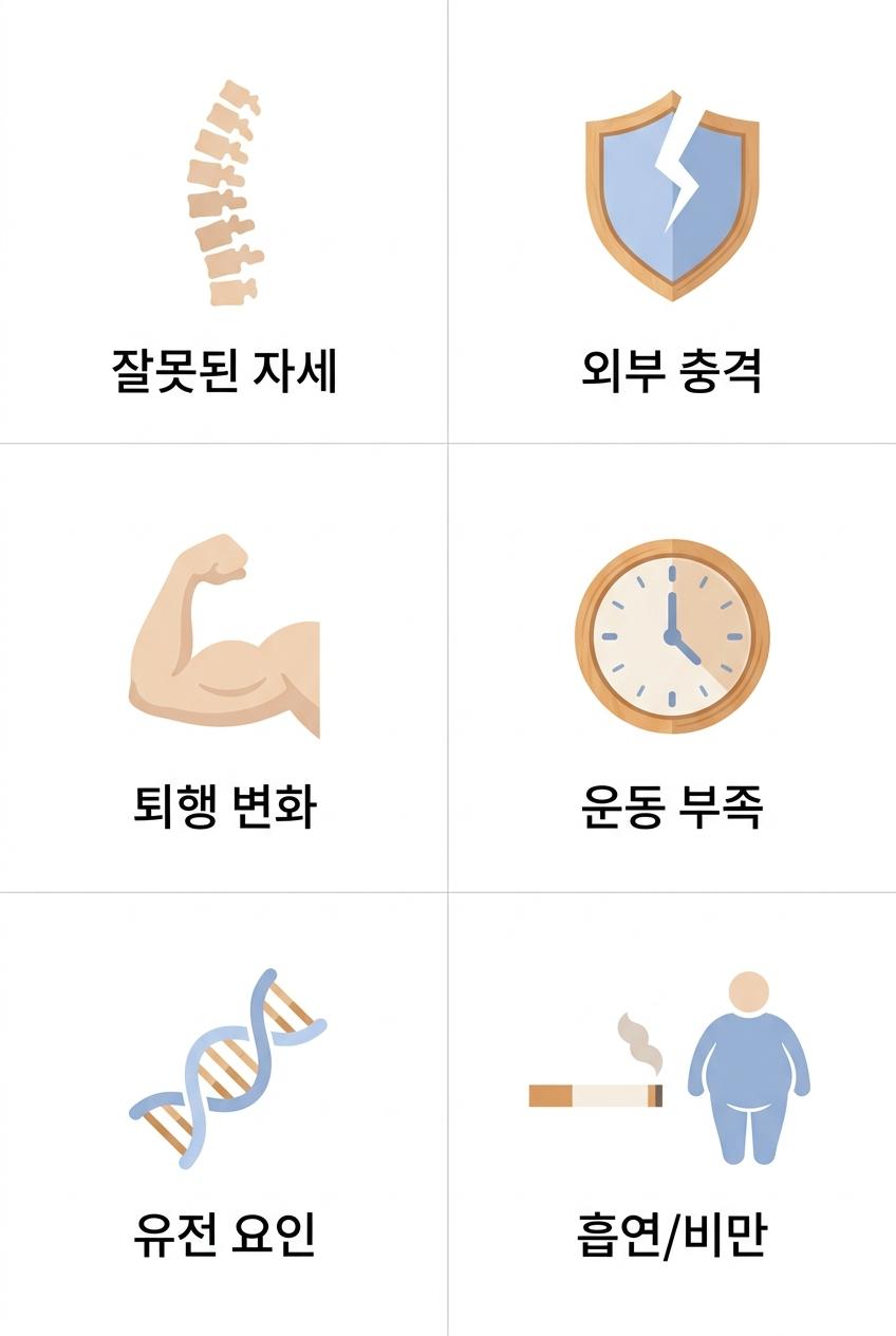 허리디스크 발생 원인 6가지, 북가좌동허리치료한의원 잘못된 자세 · 외부 충격 · 운동 부족 · 퇴행 변화 · 유전 요인 · 흡연/비만