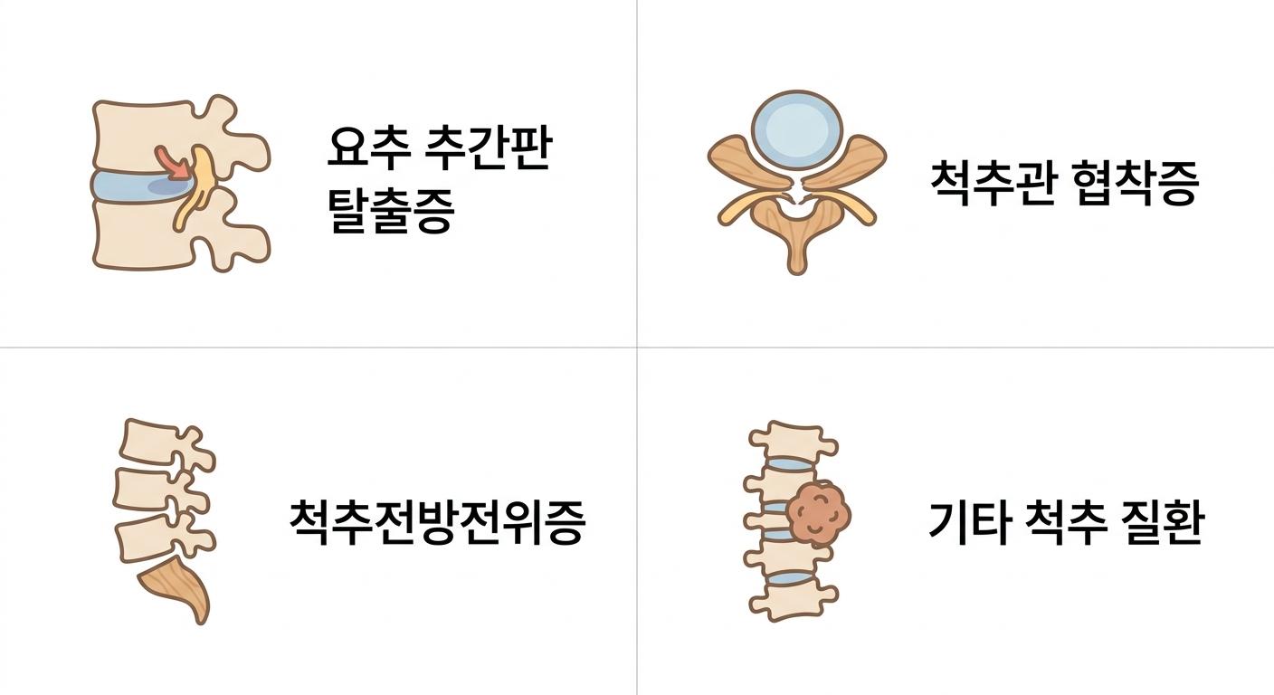 좌골신경통을 유발하는 척추 관련 주요 원인 4가지, 북가좌동좌골신경통한의원 요추 추간판 탈출증 · 척추관 협착증 · 척추전방전위증 · 기타 척추 질환