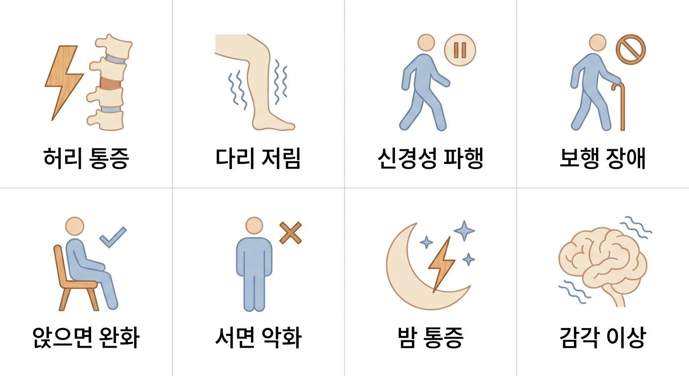척추관협착증의 주요 증상 8가지, 북가좌동허리통증한의원 | 허리 통증 · 다리 저림 · 신경성 파행 · 보행 장애 · 앉으면 완화 · 서면 악화 · 밤 통증 · 감각 이상