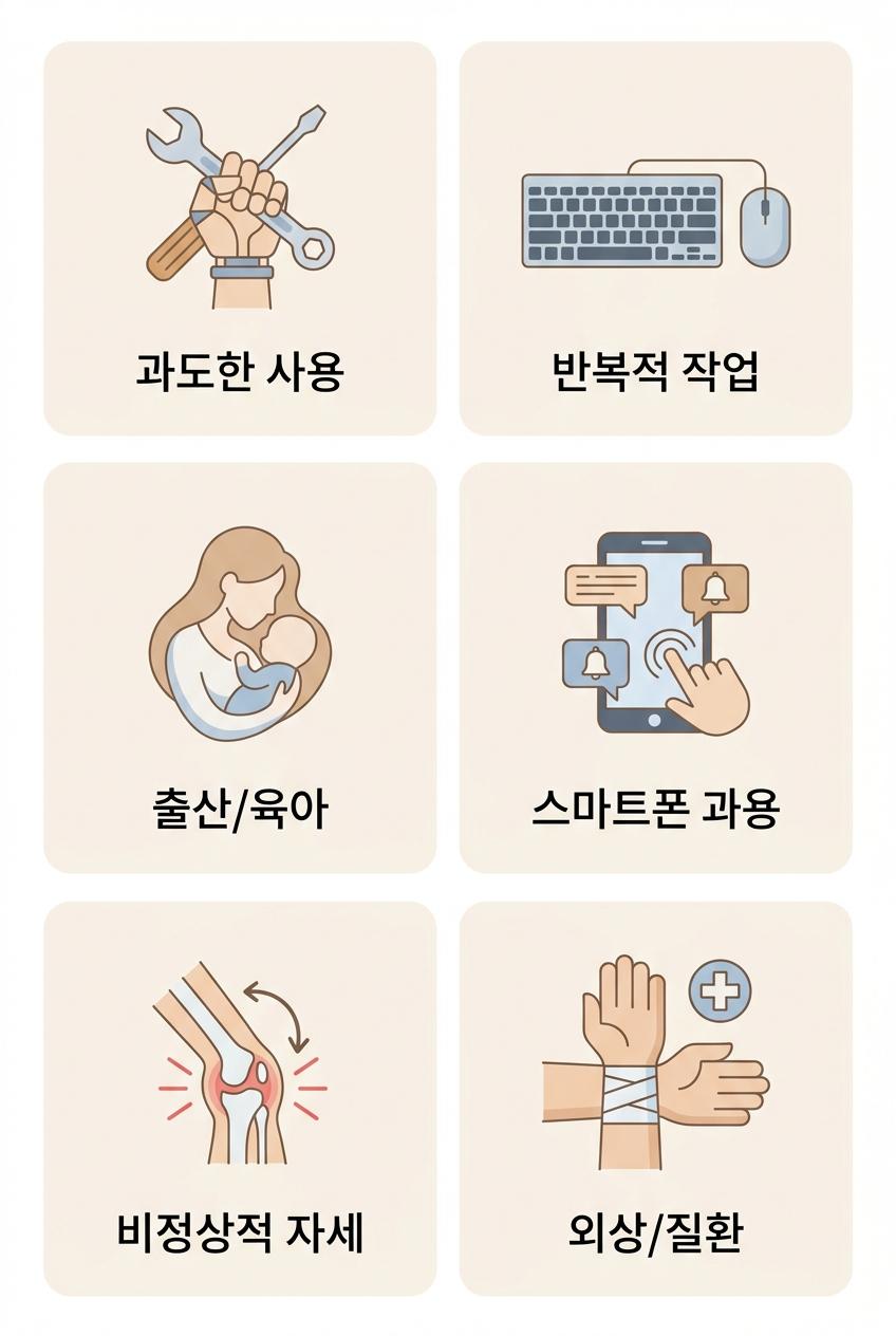 손목건초염의 발생 원인 및 위험 요인, 북가좌동드퀘르뱅병한의원 | 과도한 사용 · 반복적 작업 · 출산/육아 · 스마트폰 과용 · 비정상적 자세 · 외상/질환