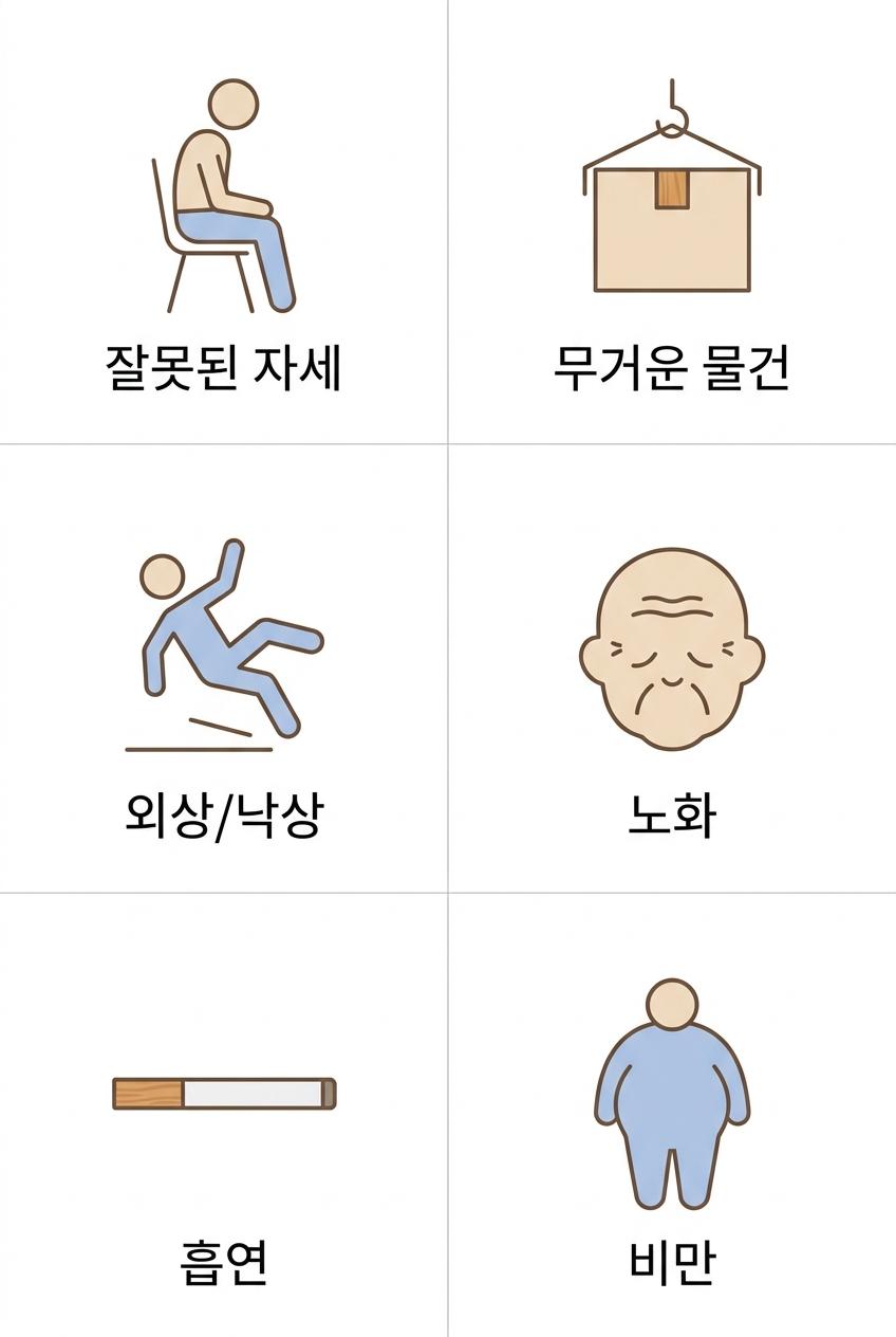 허리디스크 발생의 주요 원인 6가지, 북가좌동허리디스크원인한의원 | 잘못된 자세 · 무거운 물건 · 외상/낙상 · 노화 · 흡연 · 비만