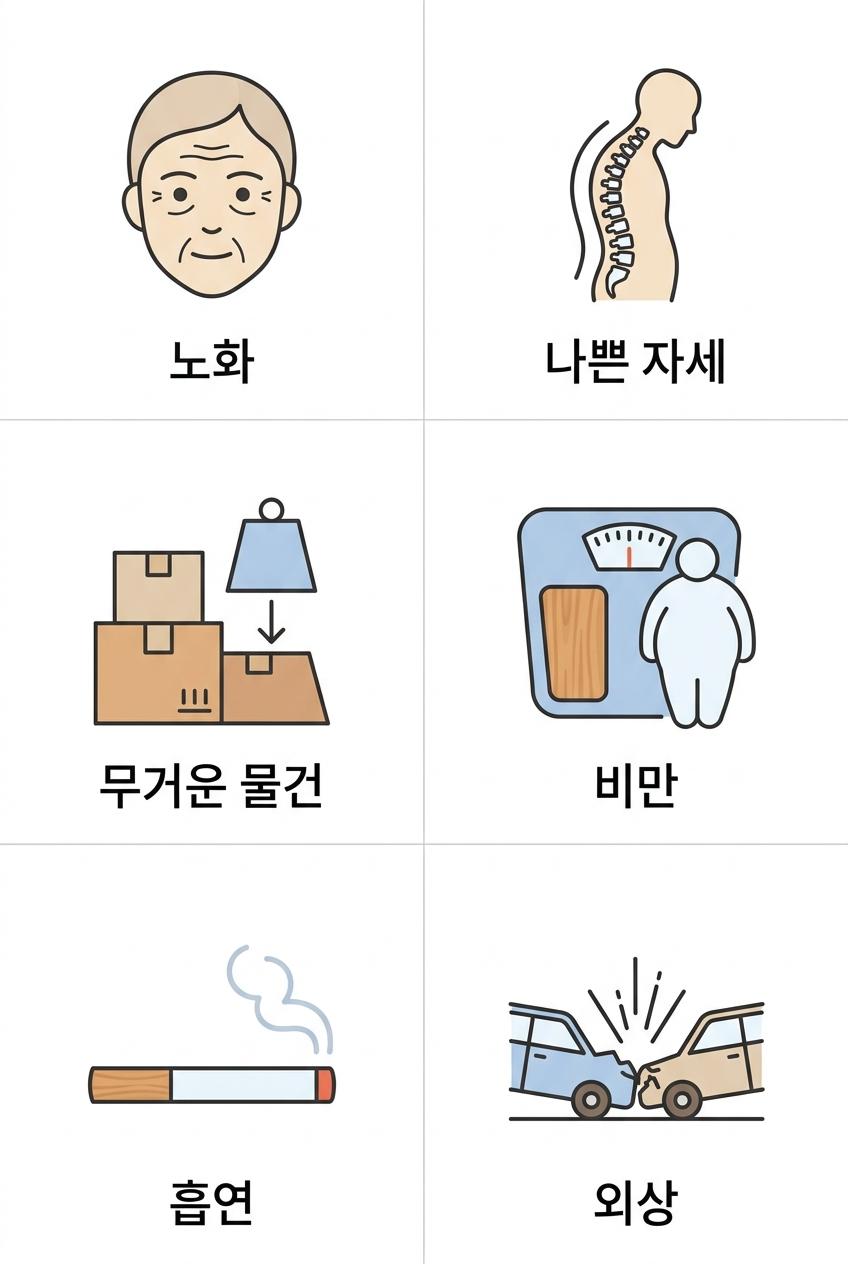허리디스크 발생의 주요 원인과 위험 요소, 남가좌동요추추간판탈출증한의원 | 노화 · 나쁜 자세 · 무거운 물건 · 비만 · 흡연 · 외상