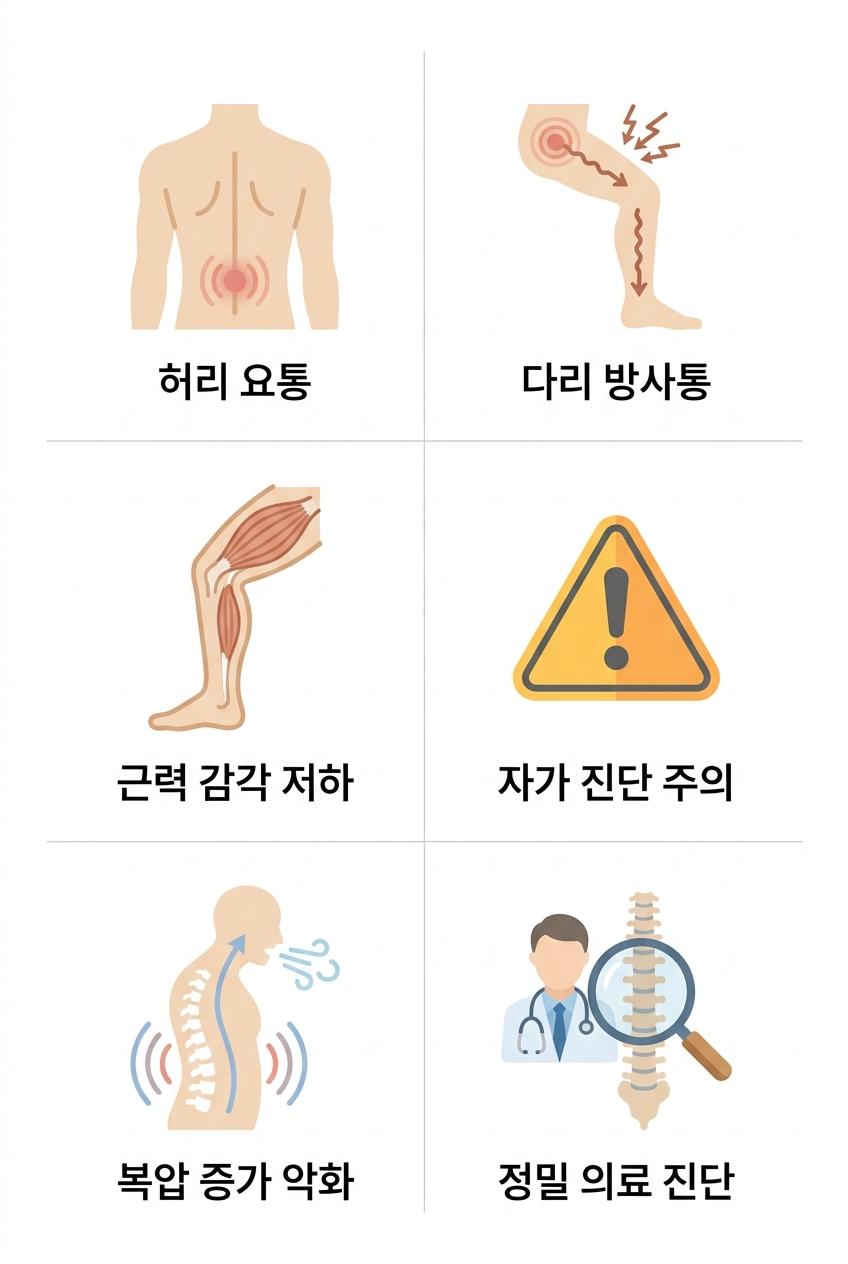 허리디스크의 주요 증상과 의료기관의 정확한 진단 필요성, 남가좌동증상한의원 허리 요통 · 다리 방사통 · 근력 감각 저하 · 자가 진단 주의 · 복압 증가 악화 · 정밀 의료 진단
