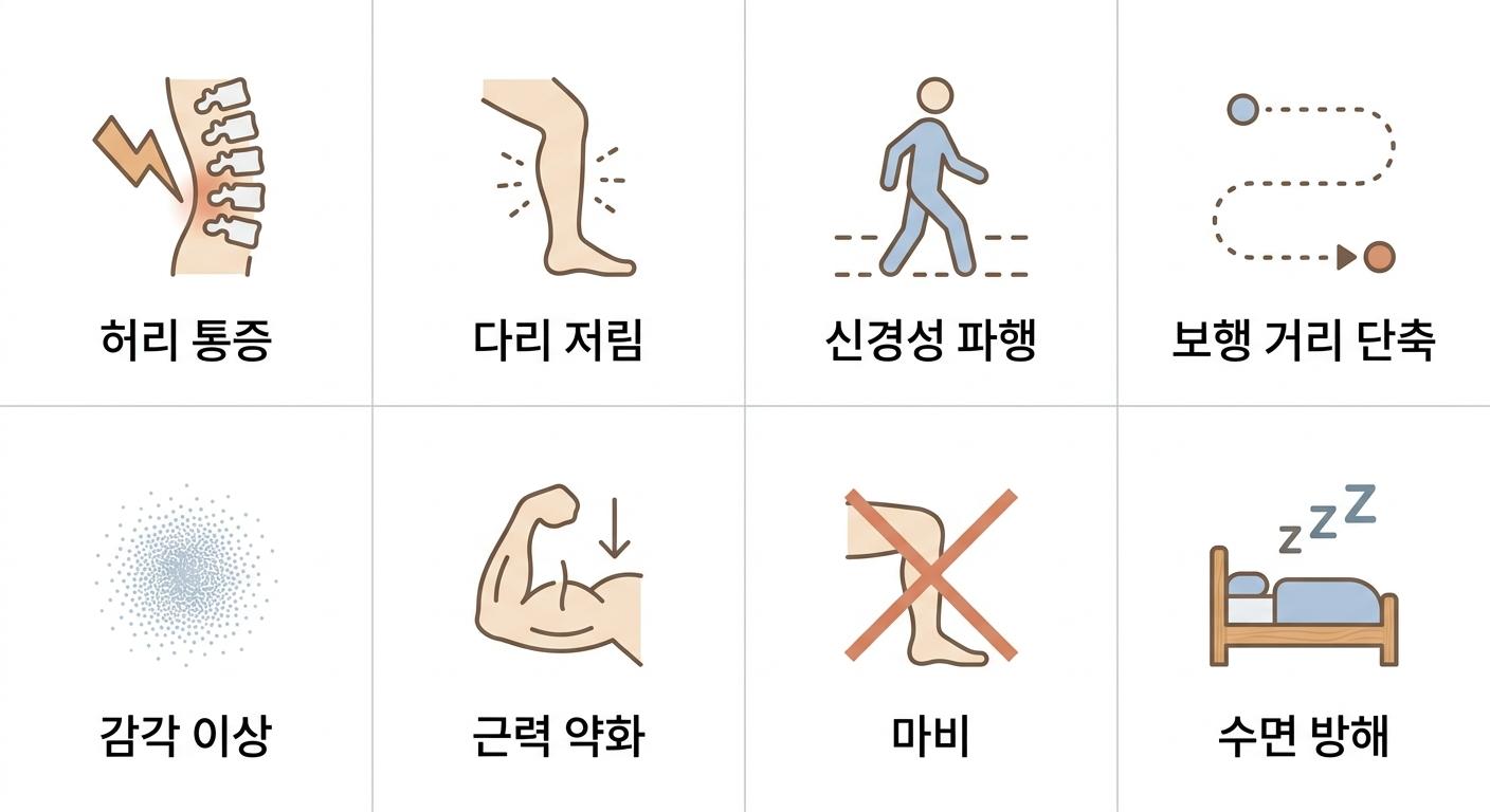 척추관협착증의 주요 증상 및 진행 단계, 남가좌동허리통증한의원 허리 통증 · 다리 저림 · 신경성 파행 · 보행 거리 단축 · 감각 이상 · 근력 약화 · 마비 · 수면 방해