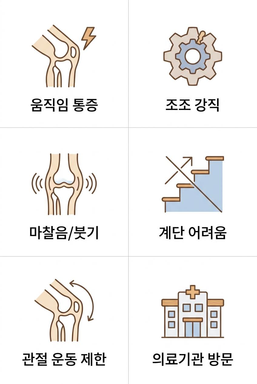 무릎관절염의 주요 증상과 자가 진단 체크리스트, 남가좌동관절염증상한의원 움직임 통증 · 조조 강직 · 마찰음/붓기 · 계단 어려움 · 관절 운동 제한 · 의료기관 방문