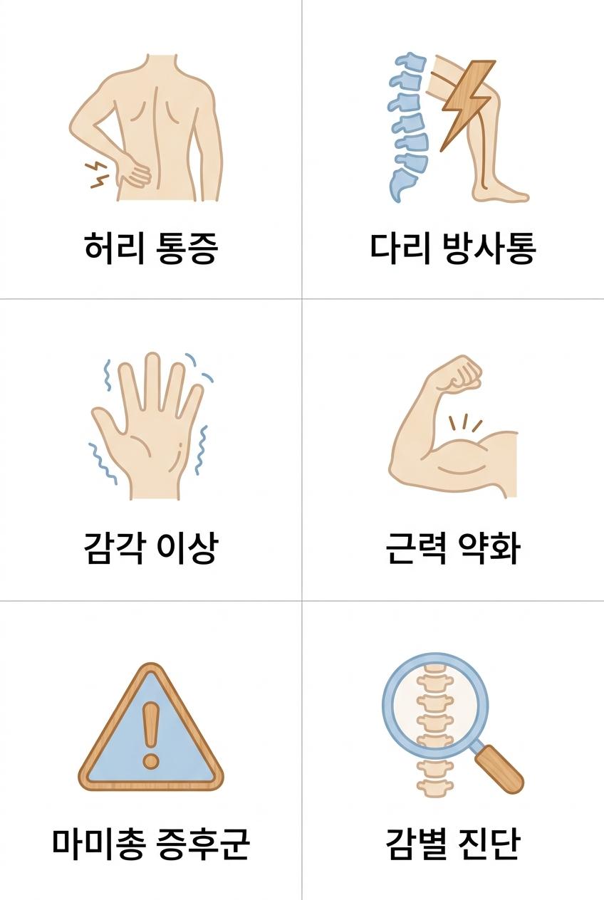 허리디스크 주요 증상 및 경고 신호, 남가좌동디스크치료한의원 허리 통증 · 다리 방사통 · 감각 이상 · 근력 약화 · 마미총 증후군 · 감별 진단