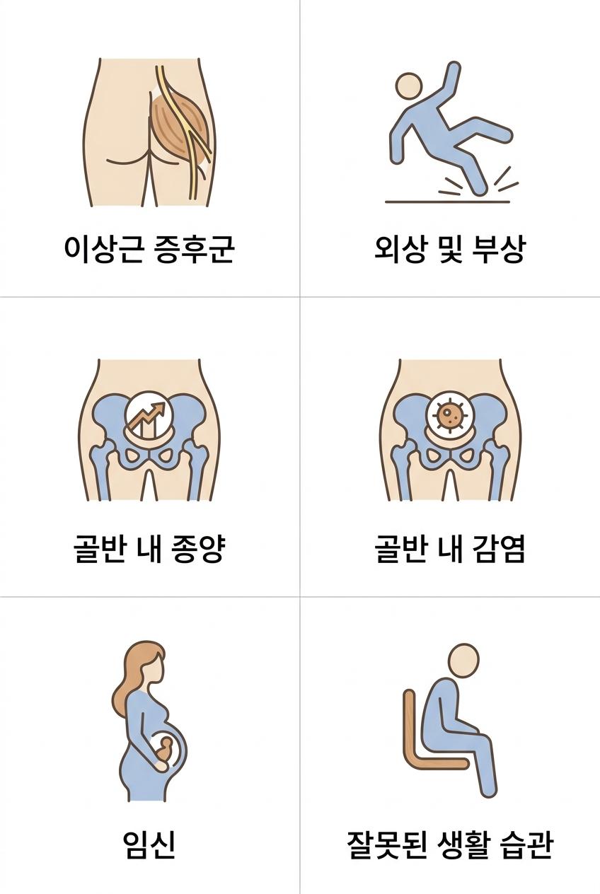 척추 문제 외 좌골신경통을 일으키는 6가지 주요 원인, 남가좌동허리디스크한의원 이상근 증후군 · 외상 및 부상 · 골반 내 종양 · 골반 내 감염 · 임신 · 잘못된 생활 습관