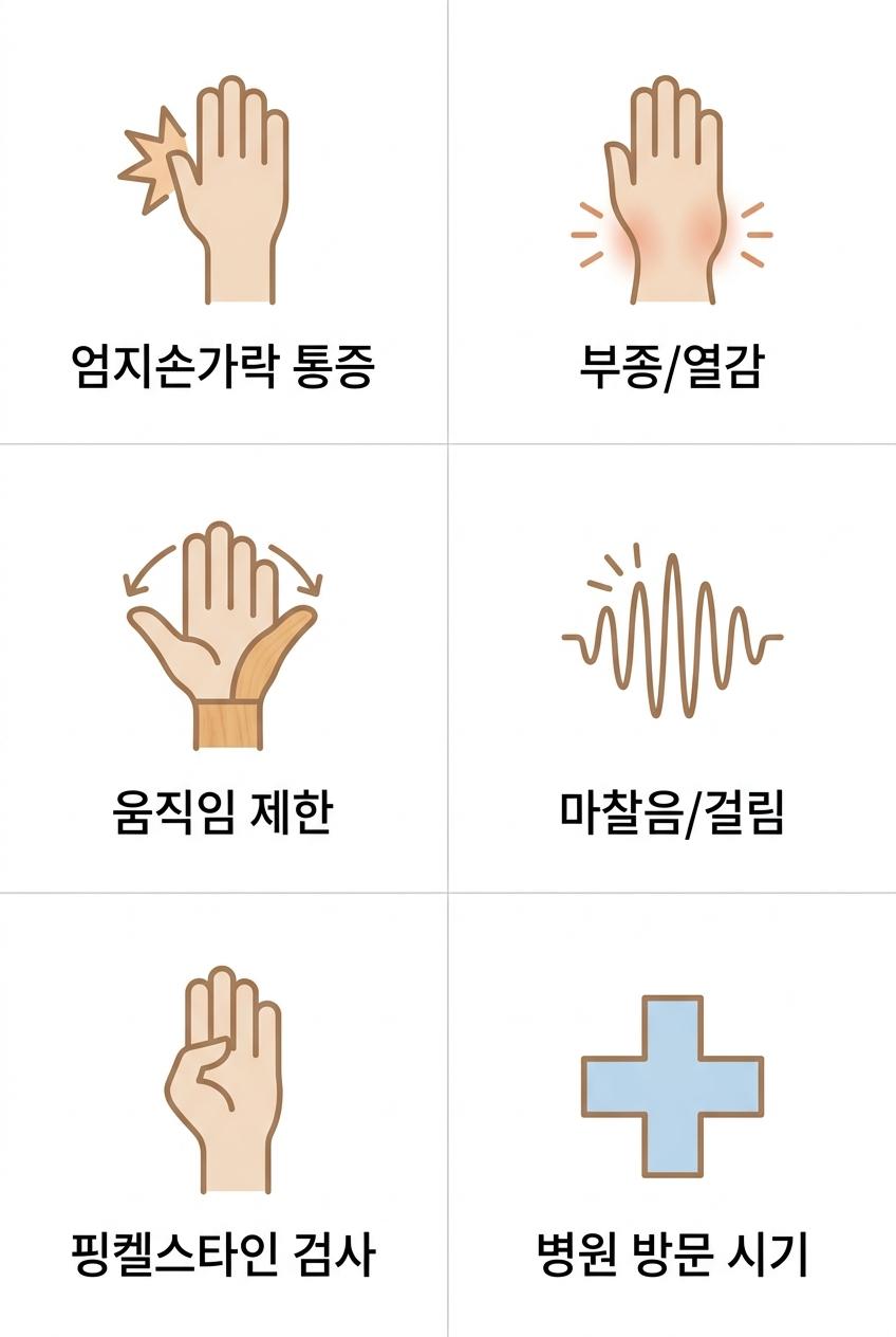 손목건초염 주요 증상과 자가 확인법, 남가좌동손목통증한의원 | 엄지손가락 통증 · 부종/열감 · 움직임 제한 · 마찰음/걸림 · 핑켈스타인 검사 · 병원 방문 시기