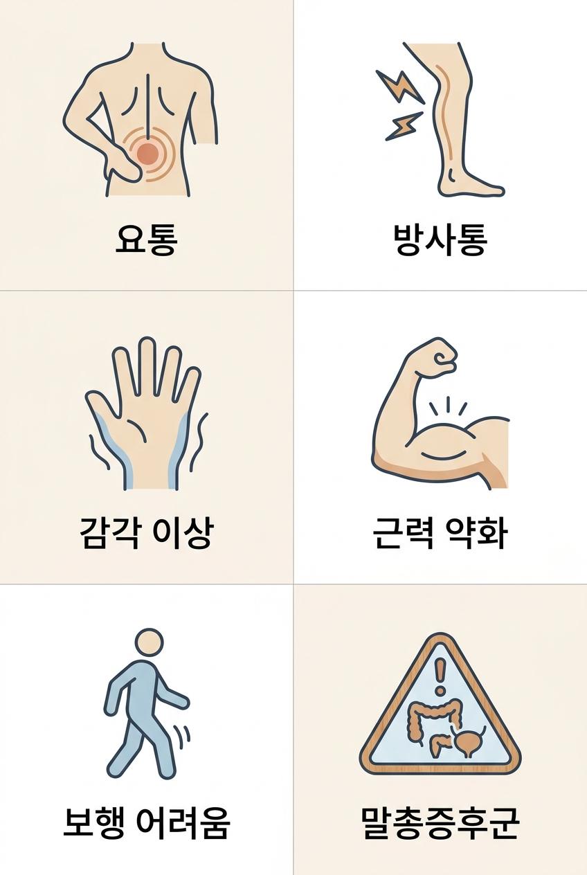 허리디스크의 다양한 증상과 위급 상황, 남가좌동허리디스크증상한의원 | 요통 · 방사통 · 감각 이상 · 근력 약화 · 보행 어려움 · 말총증후군