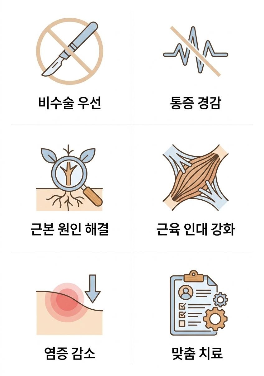 척추관협착증 한의원 비수술 치료 접근 방식, 서대문구협착증증상한의원 | 비수술 우선 · 통증 경감 · 근본 원인 해결 · 근육 인대 강화 · 염증 감소 · 맞춤 치료