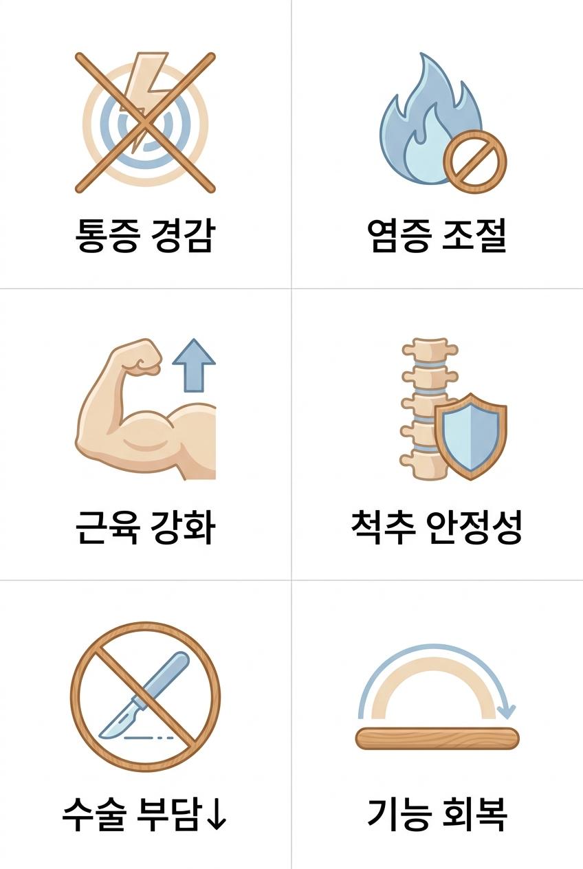 비수술적 척추관협착증 관리의 핵심 목표와 이점, 서대문구비수술치료한의원 통증 경감 · 염증 조절 · 근육 강화 · 척추 안정성 · 수술 부담↓ · 기능 회복
