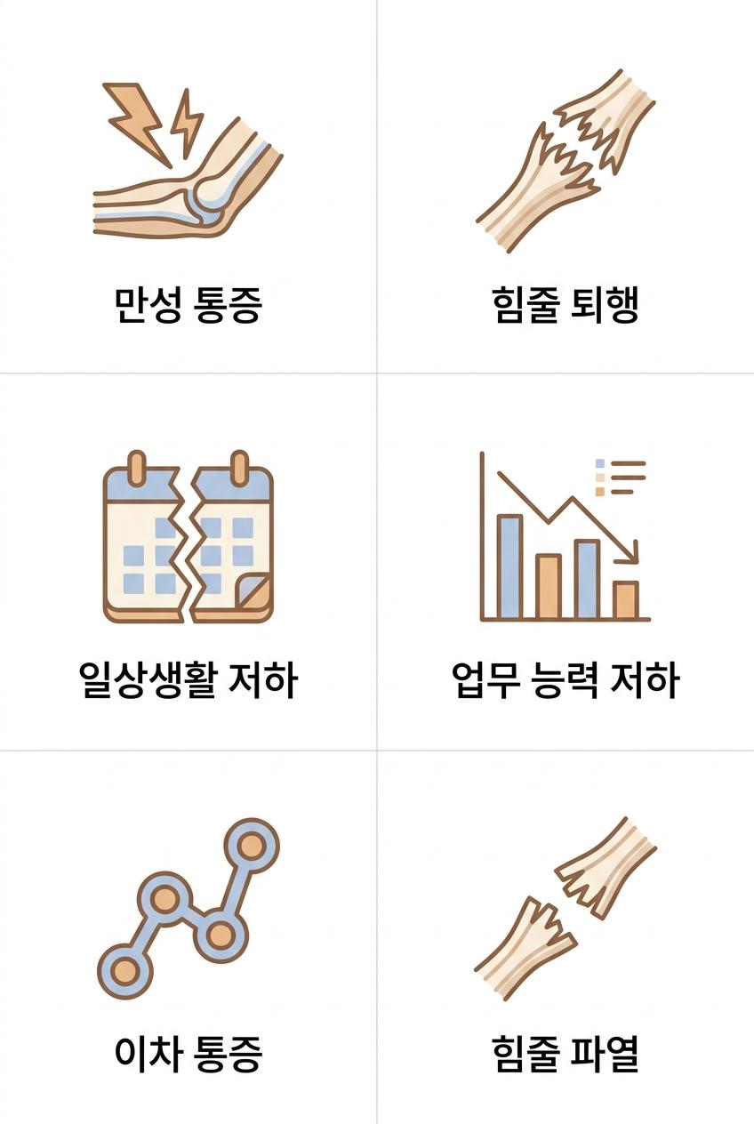 테니스엘보 방치 시 발생할 수 있는 심각한 위험과 만성화 경과, 서대문구힘줄염증한의원 만성 통증 · 힘줄 퇴행 · 일상생활 저하 · 업무 능력 저하 · 이차 통증 · 힘줄 파열