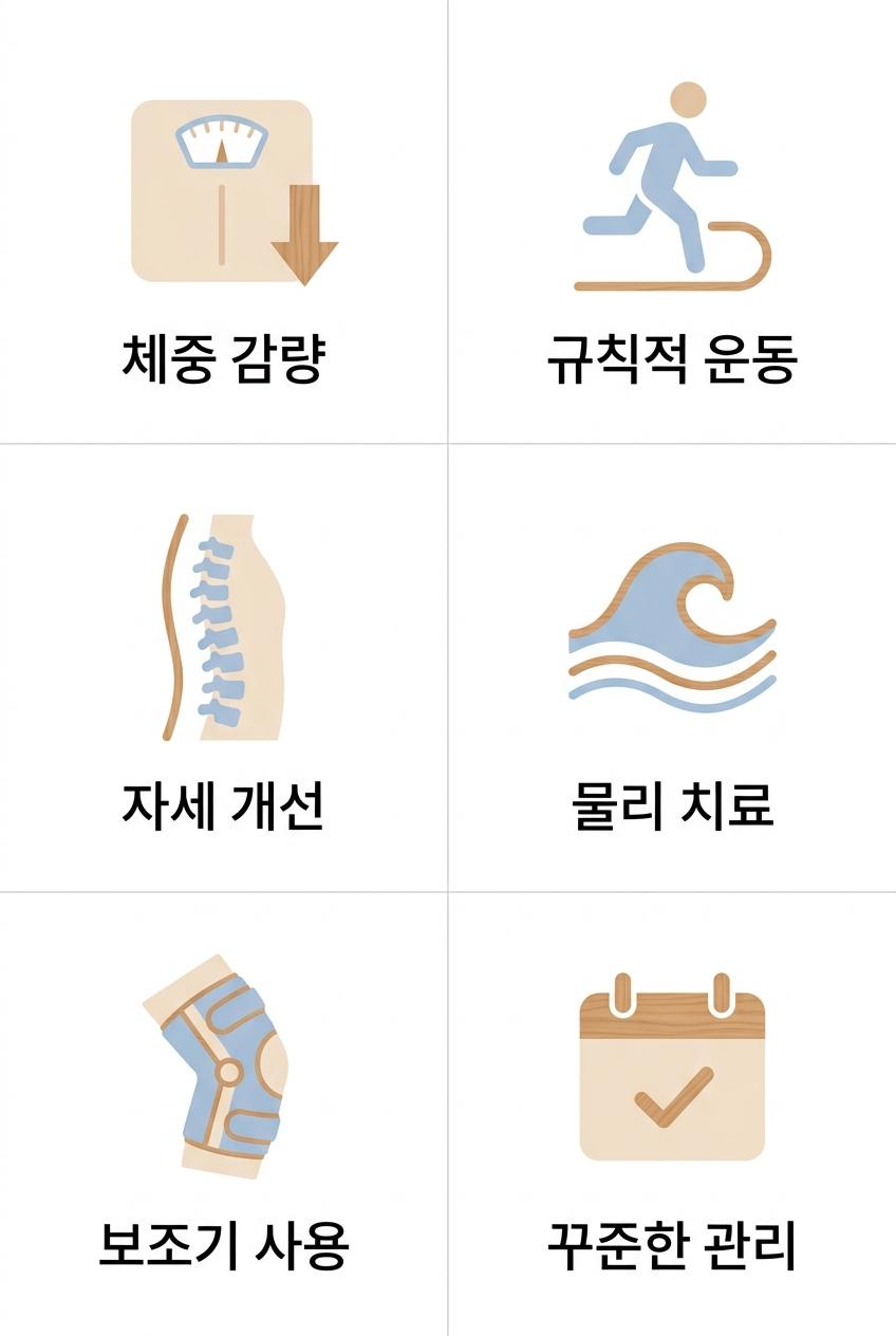 무릎관절염 보존적 치료의 주요 비수술적 관리 원리, 서대문구보존치료한의원 체중 감량 · 규칙적 운동 · 자세 개선 · 물리 치료 · 보조기 사용 · 꾸준한 관리
