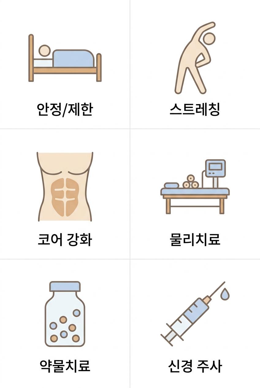 허리디스크 비수술 보존 치료법, 서대문구허리치료한의원 안정/제한 · 스트레칭 · 코어 강화 · 물리치료 · 약물치료 · 신경 주사