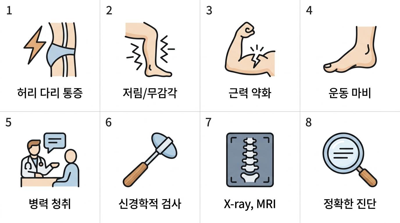 좌골신경통의 다양한 증상 및 정밀 진단 과정, 서대문구이상근증후군한의원 허리 다리 통증 · 저림/무감각 · 근력 약화 · 운동 마비 · 병력 청취 · 신경학적 검사 · X-ray, MRI · 정확한 진단