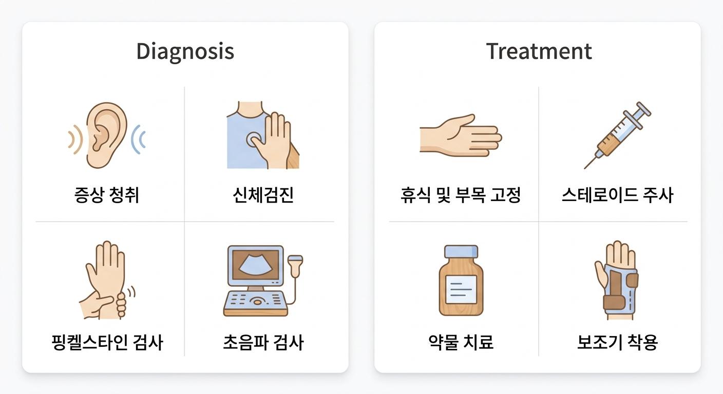 손목건초염의 진단 과정과 맞춤형 치료 방향, 서대문구건초염치료한의원 | 증상 청취 · 신체검진 · 핑켈스타인 검사 · 초음파 검사