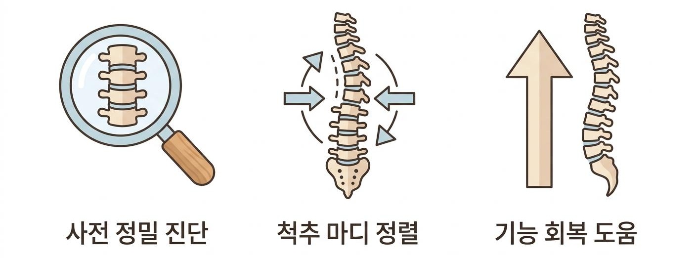 근이완추나요법의 단계별 척추관협착증 관리 원리, 가좌역추나요법한의원 사전 정밀 진단 · 척추 마디 정렬 · 기능 회복 도움