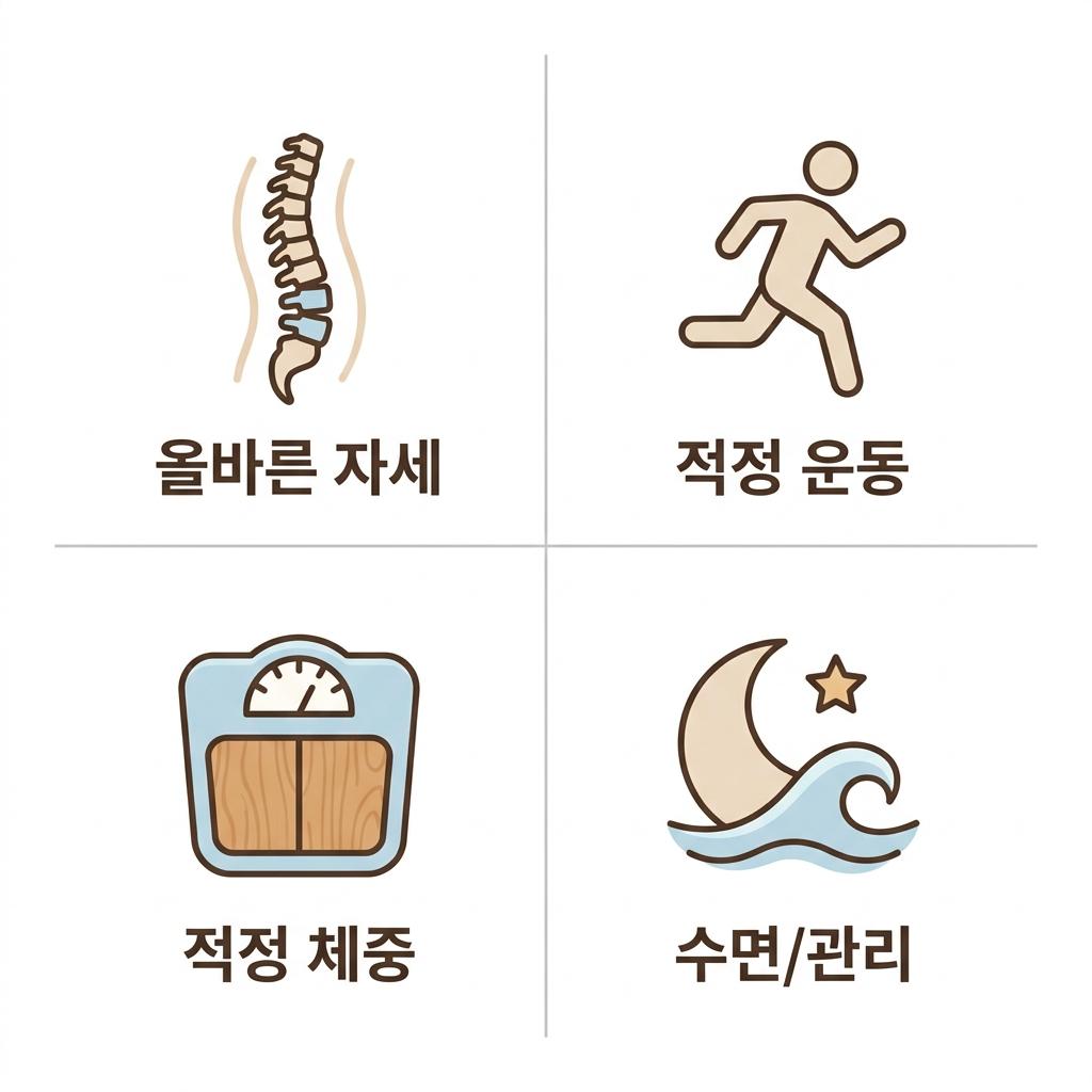 허리디스크 재발 방지 생활 습관, 가좌역디스크치료한의원 올바른 자세 · 적정 운동 · 적정 체중 · 수면/관리