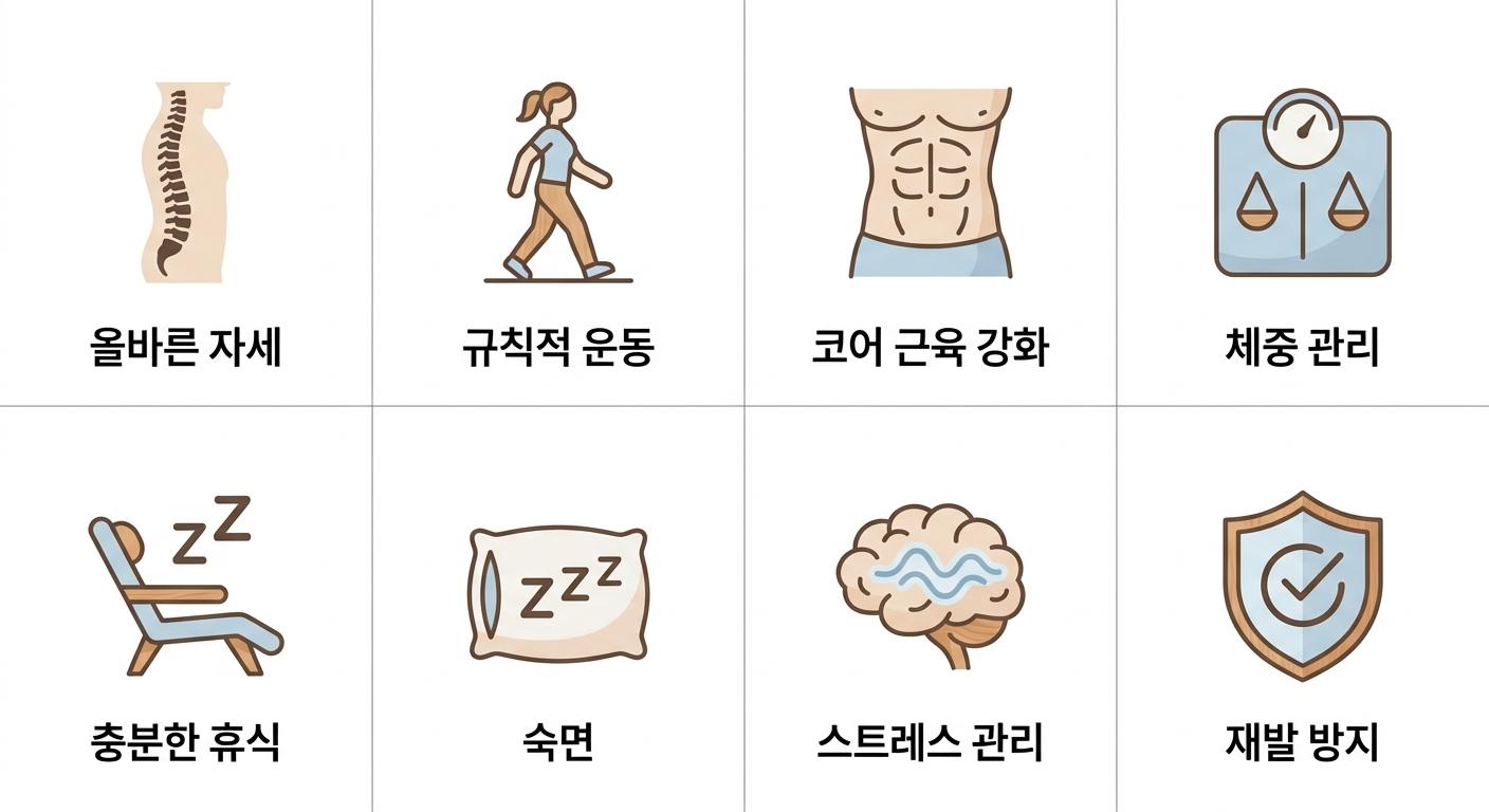 척추관협착증 치료 후 관리 및 주의사항, 가좌역추나요법한의원 | 올바른 자세 · 규칙적 운동 · 코어 근육 강화 · 체중 관리 · 충분한 휴식 · 숙면 · 스트레스 관리 · 재발 방지