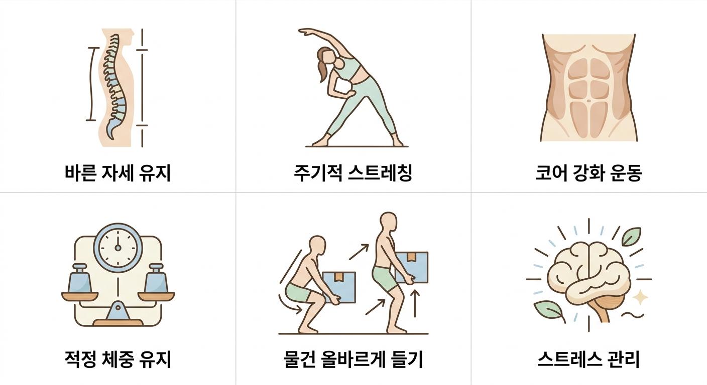 허리디스크 재발 방지 및 관리를 위한 핵심 생활 수칙, 성산동생활수칙한의원 바른 자세 유지 · 주기적 스트레칭 · 코어 강화 운동 · 적정 체중 유지 · 물건 올바르게 들기 · 스트레스 관리