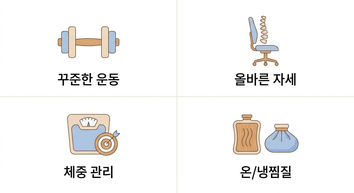척추관협착증 관리를 위한 일상생활 지침, 성산동척추건강한의원 꾸준한 운동 · 올바른 자세 · 체중 관리 · 온/냉찜질