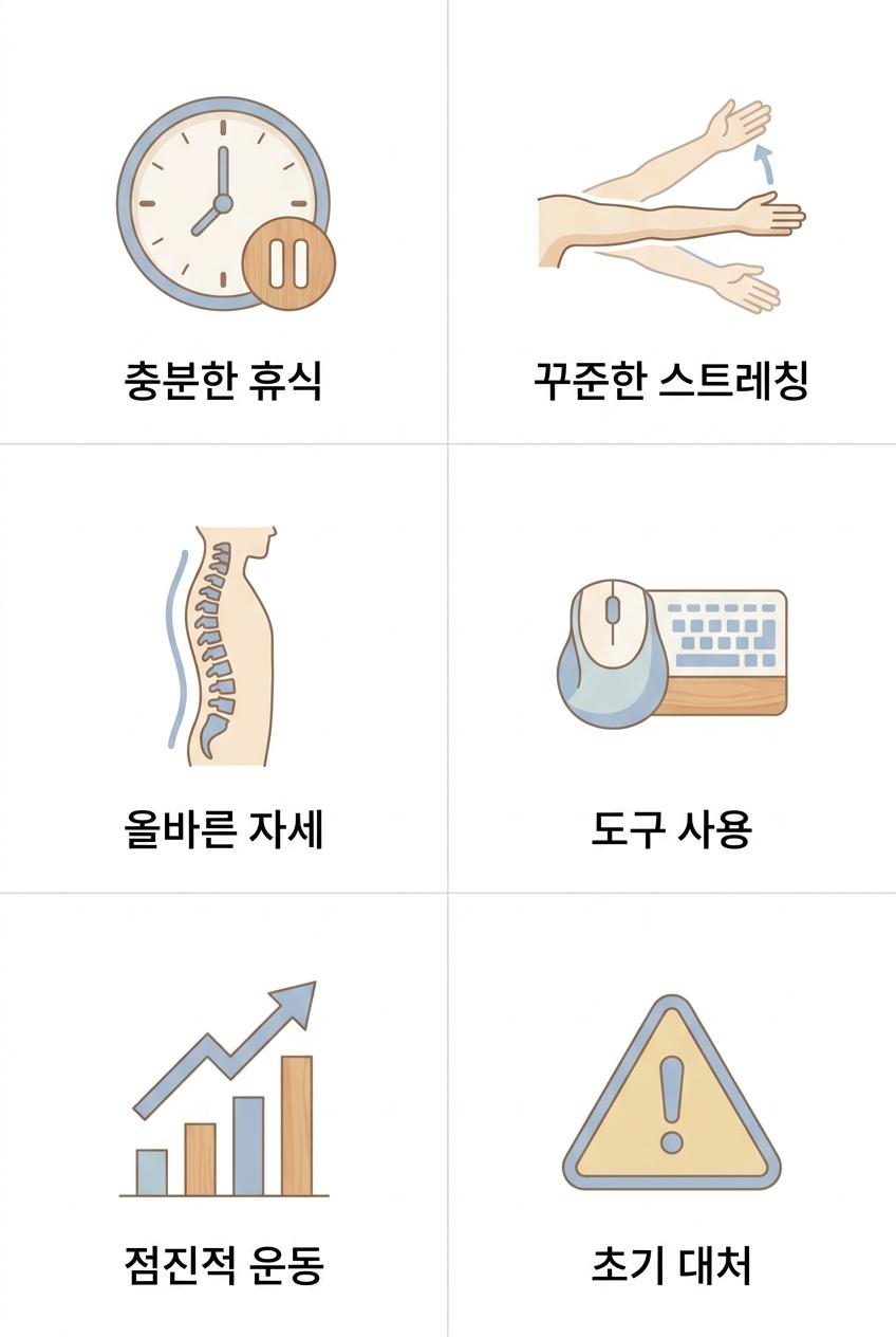 테니스엘보 예방 및 관리를 위한 일상생활 속 실천법, 가재울예방관리한의원 충분한 휴식 · 꾸준한 스트레칭 · 올바른 자세 · 도구 사용 · 점진적 운동 · 초기 대처