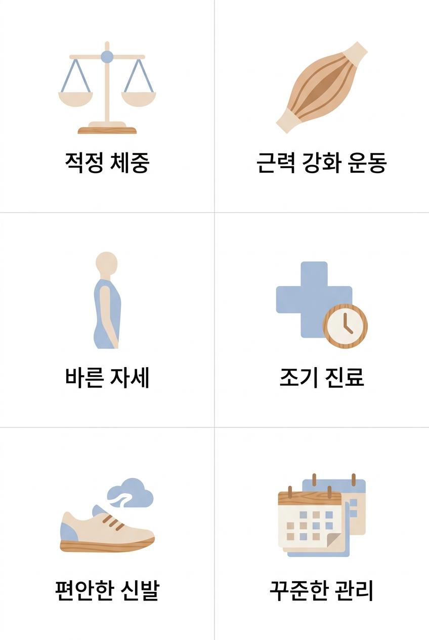 무릎관절염 예방 및 장기적인 관리를 위한 6가지 핵심 전략, 성산동관절염예방한의원 적정 체중 · 근력 강화 운동 · 바른 자세 · 조기 진료 · 편안한 신발 · 꾸준한 관리